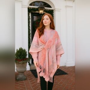 Faux Fur Pom-Pom Fringe Hem Poncho Sweater Wrap Colorful Knit Oversized Swawl